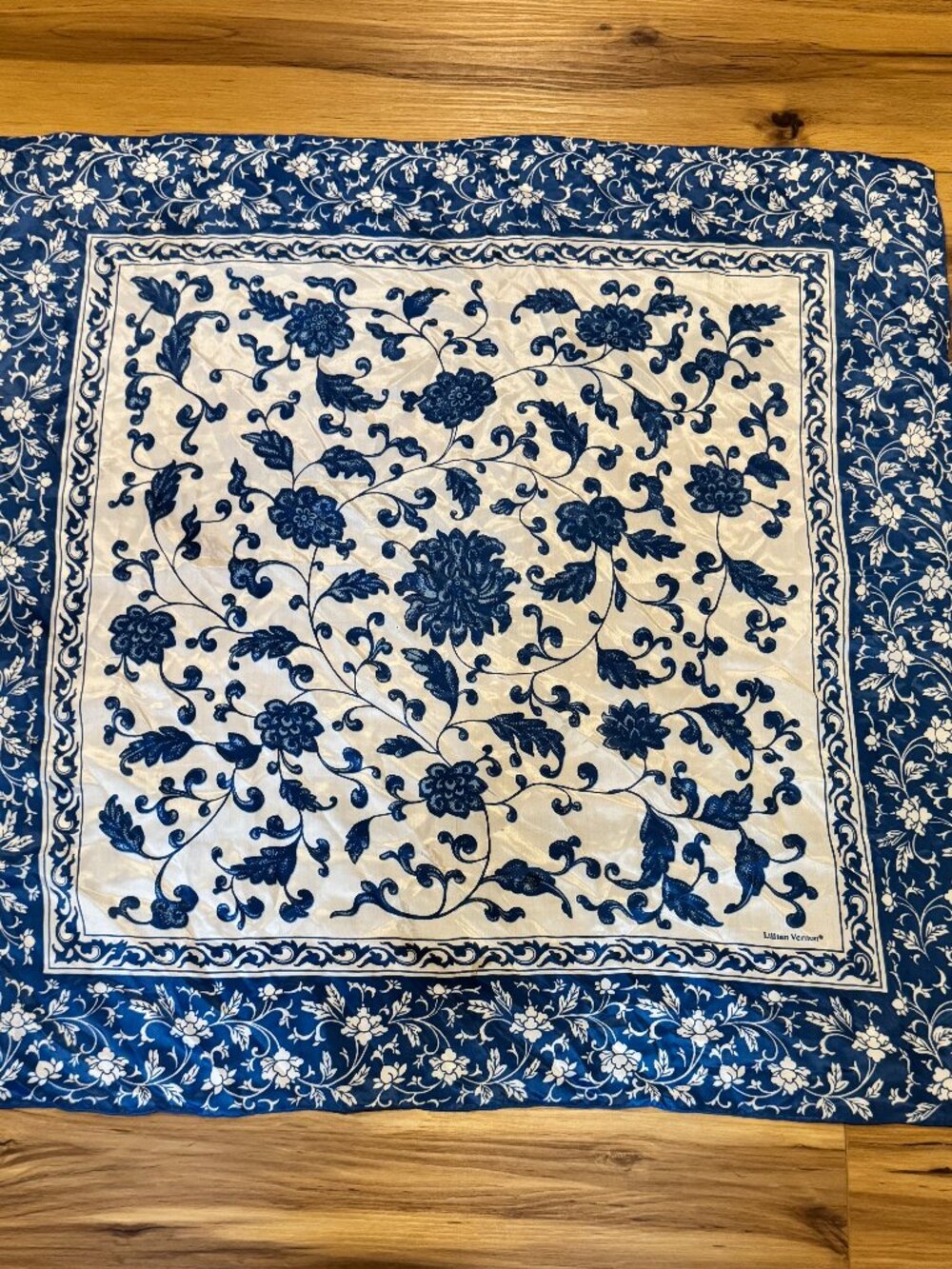 Lillian Vernon Vintage Silk Blue & White Scarf Chinoiserie Inspired Square Scarf
